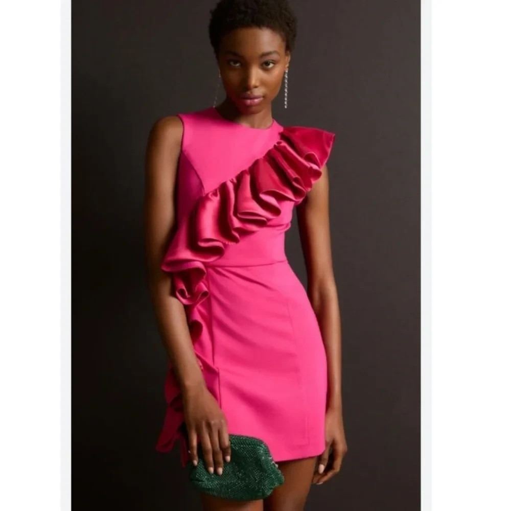 Hutch Ruffle Mini Dress Womens M Pink Sheath Cocktail Party Wedding‎ Guest